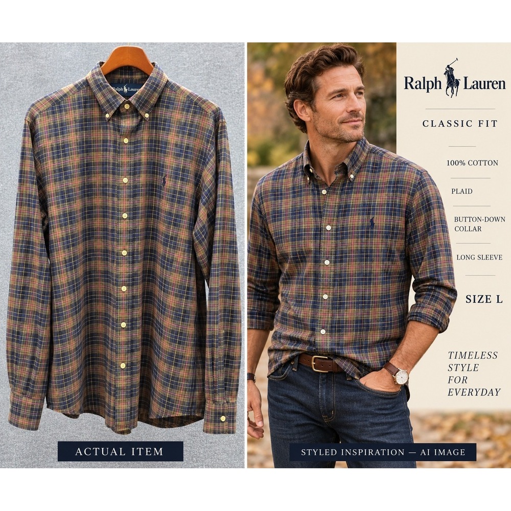 Ralph Lauren Button Down Shirt Mens Classic Fit Plaid Brown L Excellent Preppy